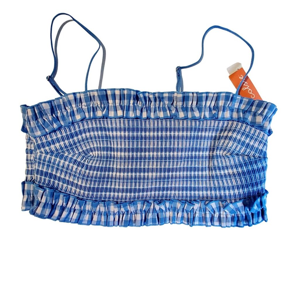 Colsie Blue Plaid Smocked Crop Top With Ruffle Trim Lightweight and breathable M